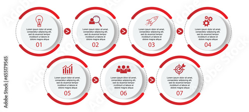Business Infographic Design Template. minimal Timeline design with 7 marketing steps, options and icons. Vector linear infographic with seven circle connected elements. Can be used for your presentati