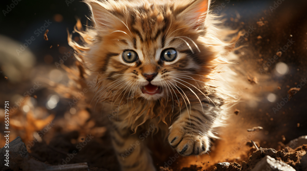 funny picture of a cute little kitten start attack want to roar 