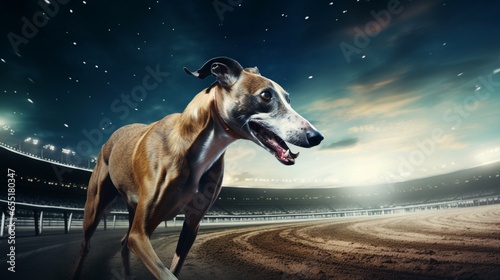 a sleek Greyhound racing gracefully along a moonlit, empty racetrack under a star-studded sky