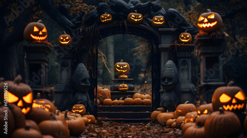A spooky pumpkin display in front of a haunted house, setting the Halloween mood Pumpkin