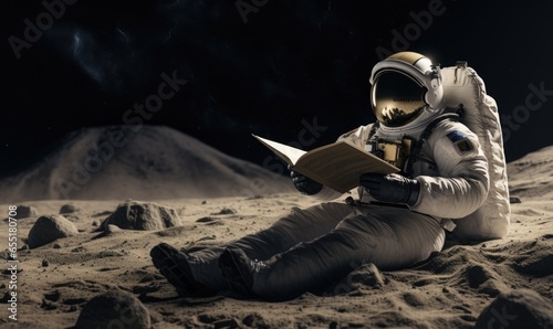 Photo of an astronaut enjoying a peaceful moment on the moon with a book in hand