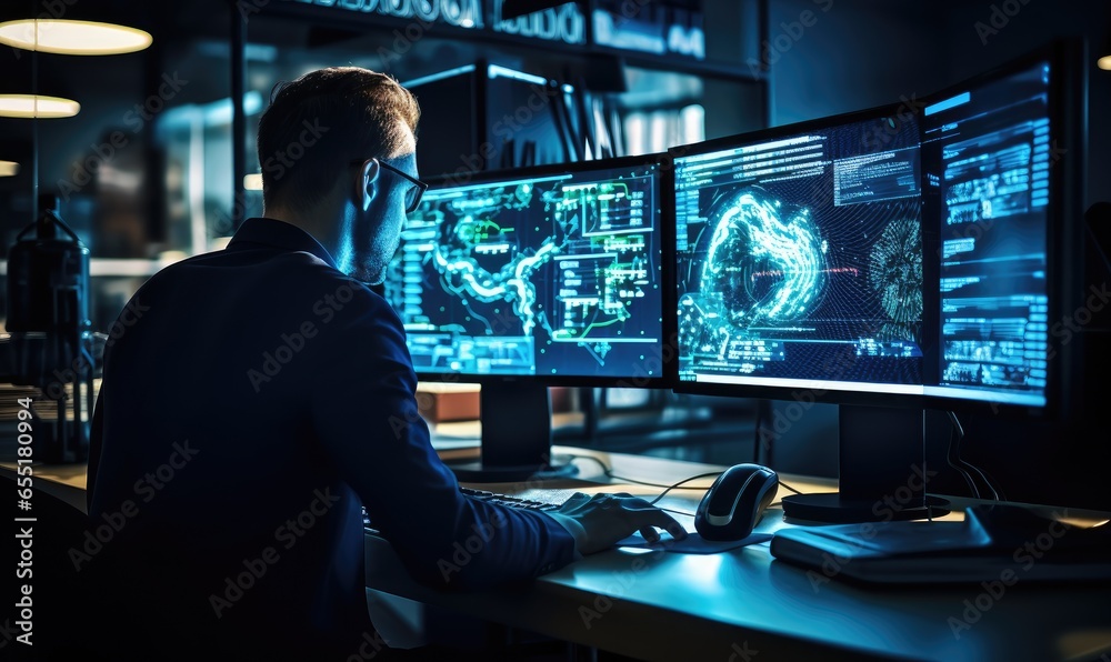 Photo of a man working at a desk with dual monitors Photo of a man working at a desk with dual monitors