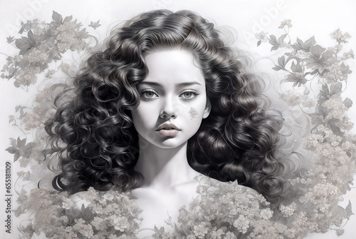 Portrait of a young woman with long hair. Pencil drawing.Digital creative designer fashion art drawing.
