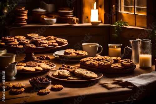 cookies on the tables, A warm, cozy kitchen bathed in the soft, golden light of the setting sun