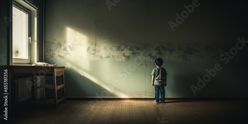 Dramatic scene of a child, facing the corner in a room with de-saturated, cold tones.
