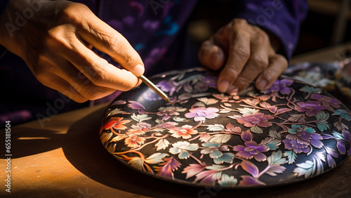 A craftsman making mother-of-pearl lacquerware