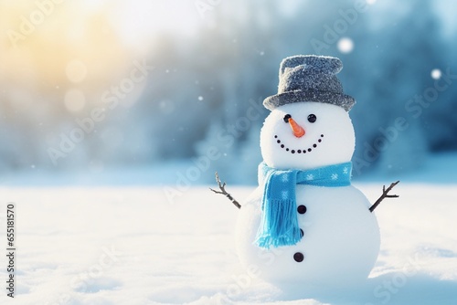 Cute snowman in a hat and knitted scarf. Winter background with copy space.