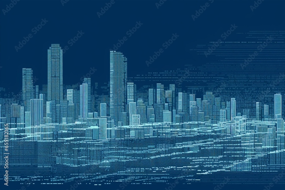 An ASCII-style city skyline illustration against a blue backdrop. Generative AI