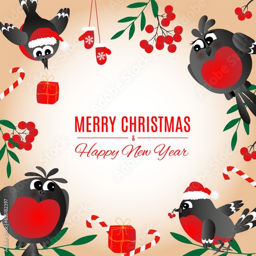 Greeting postcard. Happy new year and Merry Christmas with cute, funny family of bullfinces.