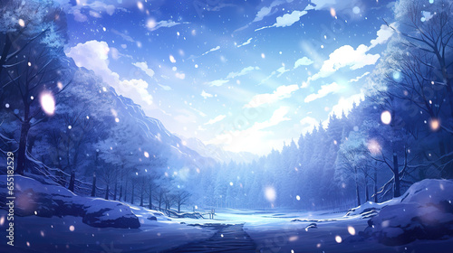 beautiful epic anime winter wallpaper, falling snowflakes, ai generated image © Sternfahrer