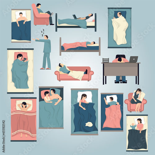 People under blankets family sleep lying in bed blanket couple resting bedroom different position man woman asleep side pose top view baby dream cat flat