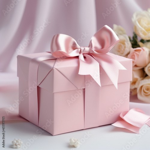 Delicate and elegant gift box with a bow , flowers in background