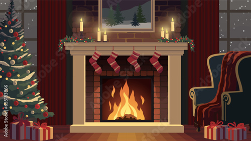 Christmas night interior, decorated tree fireplace and gifts, vector illustration