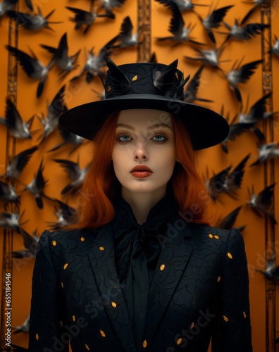 A mysterious woman wearing a black hat and jacket stands out against the backdrop of a halloween night, her confident presence encapsulating the beauty of the season