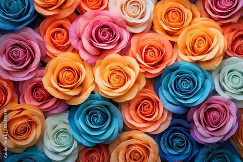 Unusual gradient background with multicolored roses. Generative AI