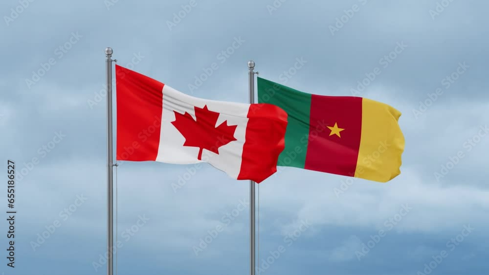 Cameroon flag and Canada flag waving together on cloudy sky, endless seamless loop, two country relations concept Cameroon flag and Canada flag waving together on cloudy sky, endless seamless loop, two country relations concept