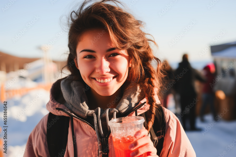 Charming Inuit teenager enjoying a beverage at a snowy community celebration in Northern America. - obrazy, fototapety, plakaty 