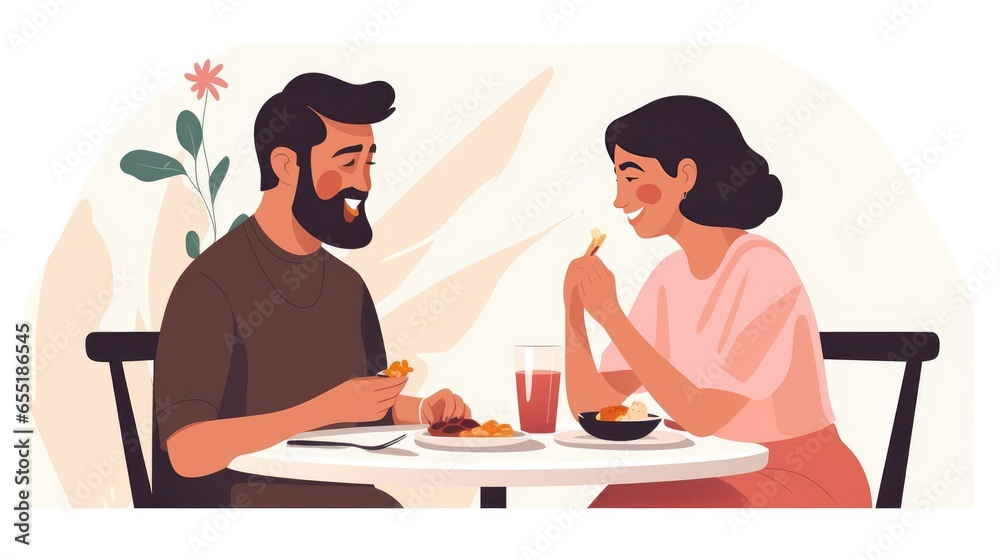 Illustration dinning couple. Men and women at the restaurant. Flat cartoon style. Eating on a white background. Flat style. Vector - generative AI Illustration dinning couple. Men and women at the restaurant. Flat cartoon style. Eating on a white background. Flat style. Vector - generative AI