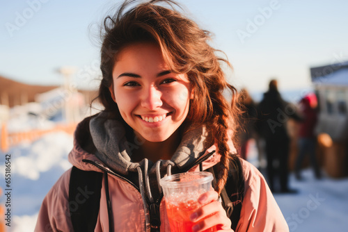 Charming Inuit teenager enjoying a beverage at a snowy community celebration in Northern America. photo