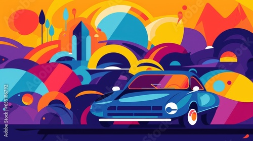 Psychedelic Spaces  Flat Cartoon Illustration of Cars in a Vibrant Vector Style - generative AI