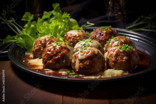 Tempting Close-Up of Succulent Danish Frikadeller, Pan-Fried Meatballs Bursting with Savory Flavors and Delighting the Taste Buds, a Delectable Delicacy from Danish Cuisine