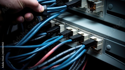 Close-up shot of a network cable being plugged into a router. Captured with Canon EF 100mm f/2.8L Macro IS USM lens on a Canon EOS 5D Mark IV camera. Studio lights illuminate the technology, showcasi photo