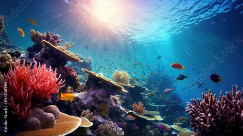 Vibrant Coral Reef Photography - Enchanting Underwater Scene with Colorful Fish  Intricate Coral Formations  and Rays of Sunlight - generative AI