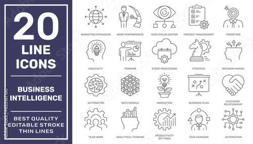 Business Intelligence (BI), business analytics (BA) and key performance indicators (KPI) icons set. Editable Stroke. EPS 10