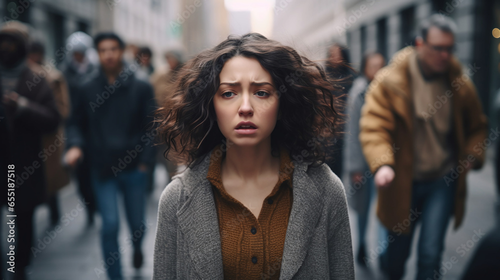 Girl upset in crowd standing and staring Girl upset in crowd standing and staring
