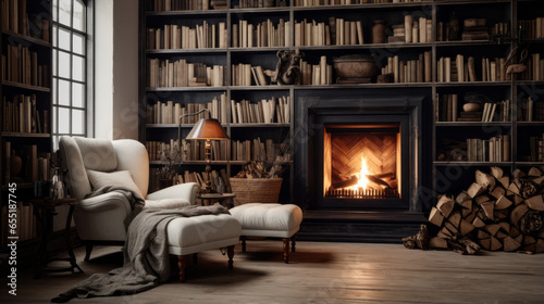 A home library with Scandinavian bookcases, a comfortable reading chair, and a cozy fireplace