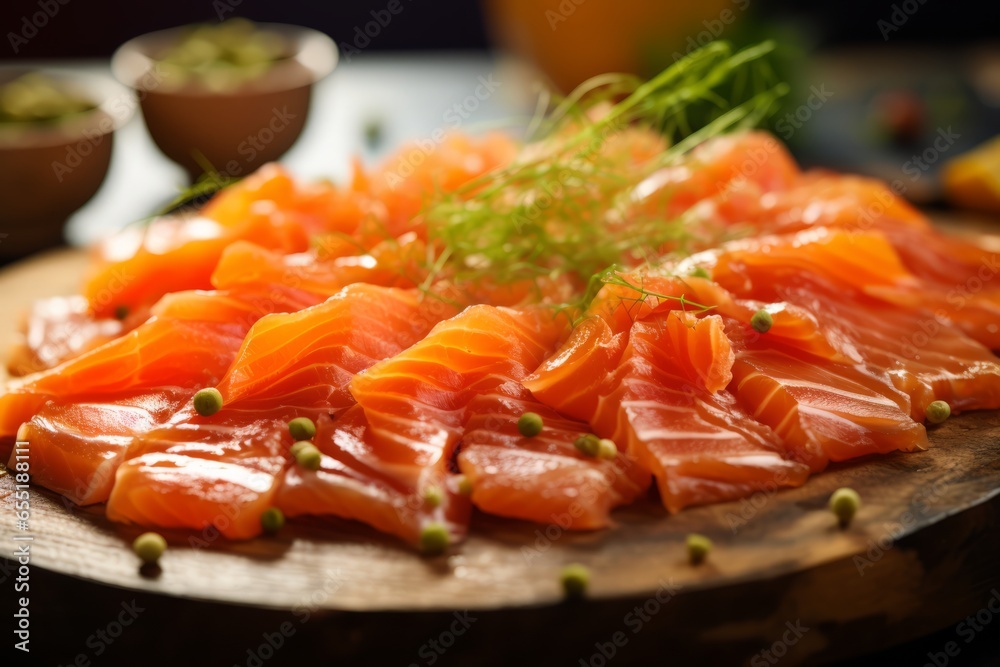 Richness of Nordic Cuisine with a Captivating Close-Up of Delectable Finnish Smoked Salmon, Unveiling its Scrumptious Delicacy on a Mouthwatering Platter Richness of Nordic Cuisine with a Captivating Close-Up of Delectable Finnish Smoked Salmon, Unveiling its Scrumptious Delicacy on a Mouthwatering Platter