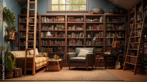 A home library with wall-to-wall bookshelves and a comfortable reading nook photo