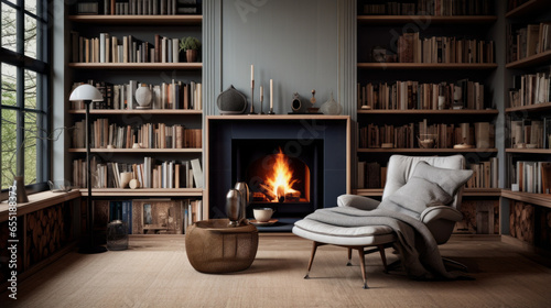 A home library with wall-to-wall bookshelves and a comfortable reading nook photo