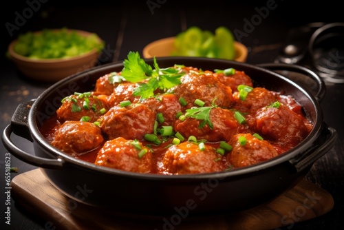 Tempting Delight of Sizzling Spanish Albondigas: Mouthwatering Savory Meatballs in Rich Tomato Sauce, Perfectly Captured to Showcase the Aromatic and Flavorful Spanish Cuisine