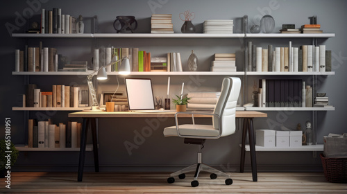 A home office with a minimalist desk, ergonomic chair, and a wall-mounted bookshelf 