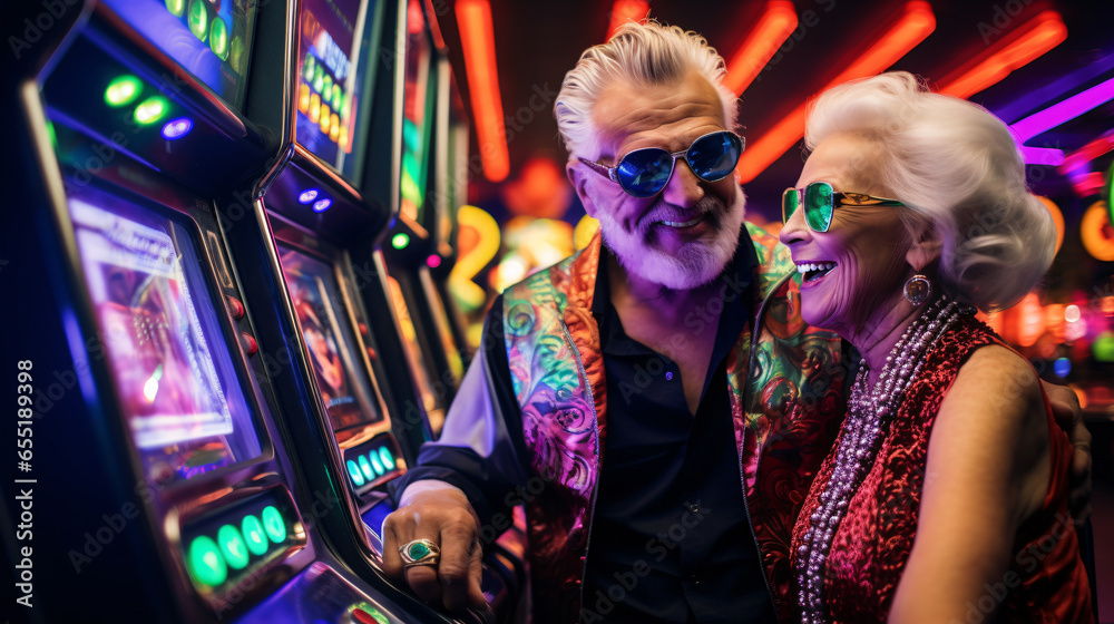 Elderly man and woman in colorful casino room surrounded by machines and colorful lights. grey hair and colorful hair, pink, orange and sunglasses, euphoric retirement - obrazy, fototapety, plakaty 