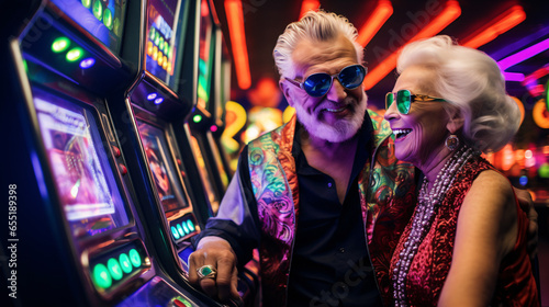 Elderly man and woman in colorful casino room surrounded by machines and colorful lights. grey hair and colorful hair, pink, orange and sunglasses, euphoric retirement