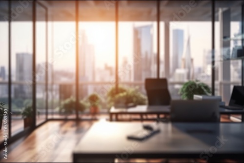 Blurred large modern office workspace in the morning   interior workplace with cityscape for business presentation background  Generative AI