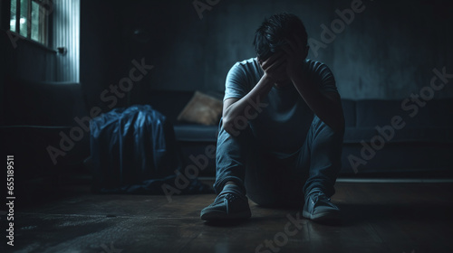 A frustrated man sitting on the ground in the dark holding his head