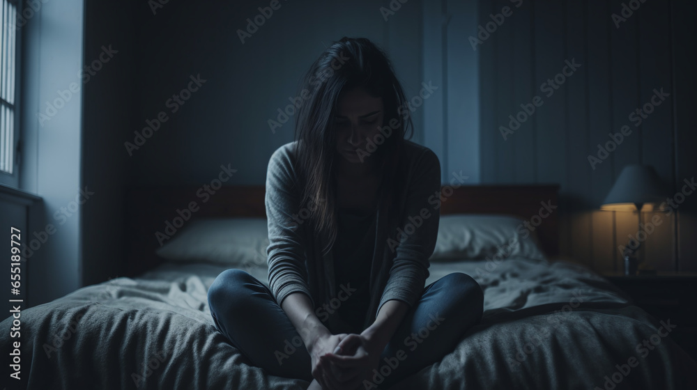 Young woman is sitting in an empty bed in a dark bedroom - obrazy, fototapety, plakaty 