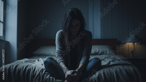 Young woman is sitting in an empty bed in a dark bedroom photo