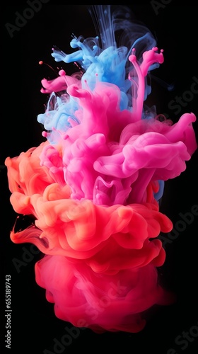 Colorful pink red rainbow smoke paint explosion, color fume powder splash, motion of liquid ink dye in water, Generative AI