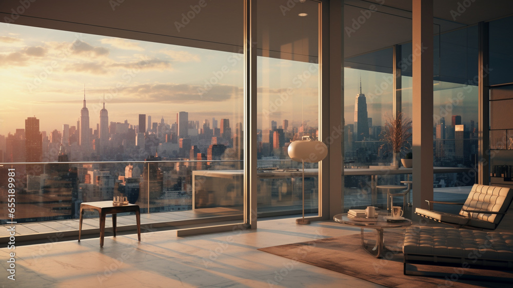 Interior of a high-rise luxury apartment with a great view of the city - obrazy, fototapety, plakaty 