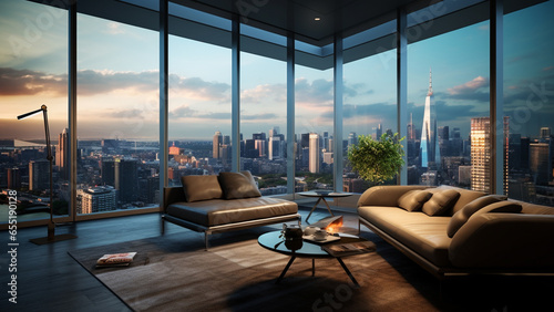 Interior of a high-rise luxury apartment with a great view of the city © 대연 김