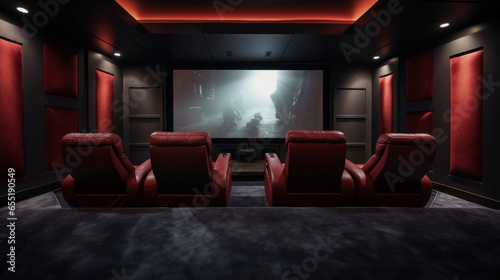 A home theater with leather reclining seats, a giant screen, and surround sound photo
