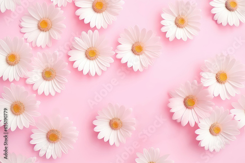 Daisy Chamomile Flowers On Pale Pink, Lifestyle Concept, Top View Mockup. Сoncept Floral Arrangements, Self-Care Tips, Photography Inspiration, Home Decor Ideas © Anastasiia