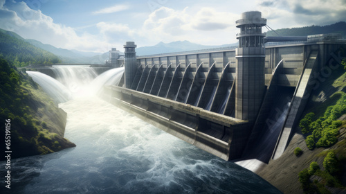 A hydroelectric power station at full capacity, generating clean electricity from water flow 