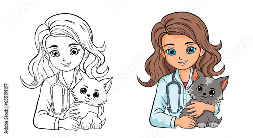 Woman veterinarian holds cat belonging to ZOO clinic. Young girl works as veterinarian and loves to treat animals and take care of kittens.