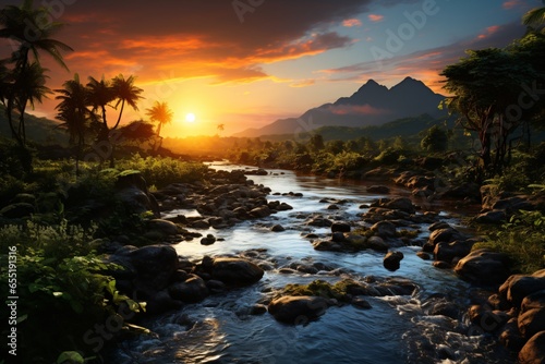 sunset rainforest river landscape