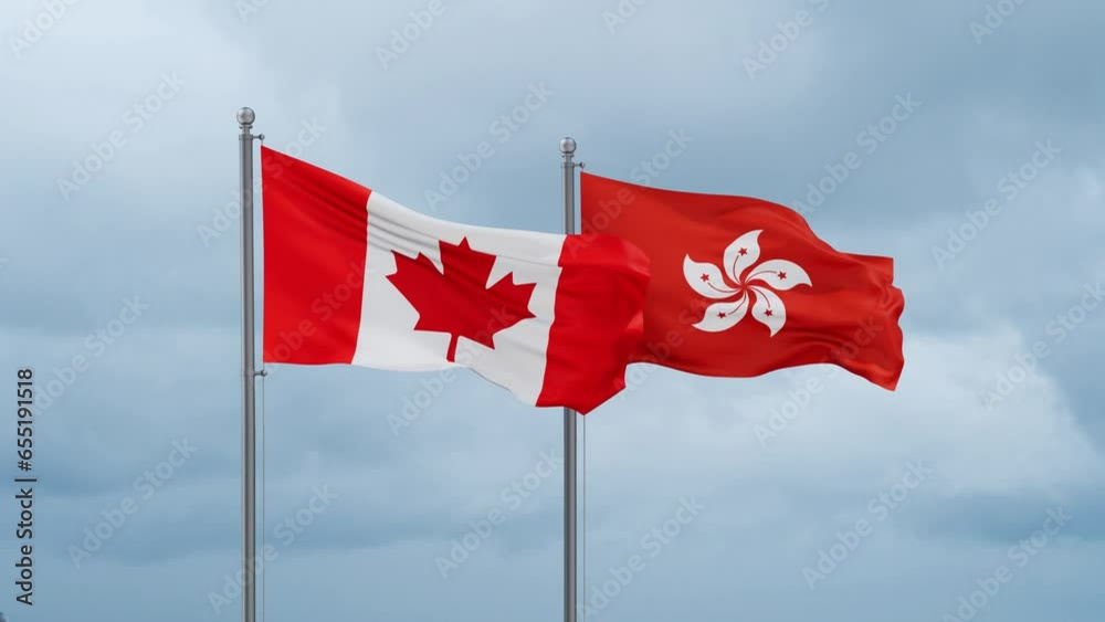 Hong Kong flag and Canada flag waving together on cloudy sky, endless seamless loop, two country relations concept